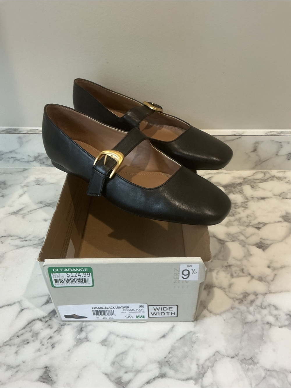 Naturalizer Black Leather Mary Jane Flats with Gold Buckle
